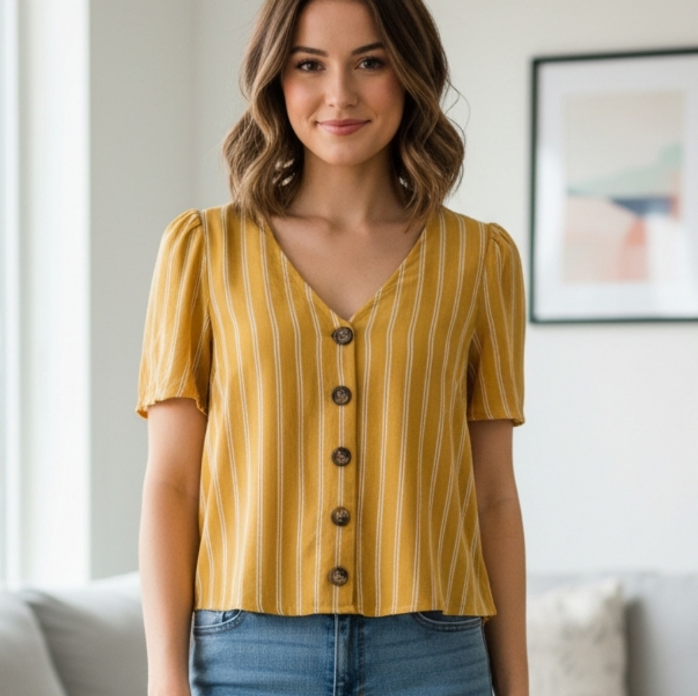 Mustard Striped Button-Down Women's Shirt